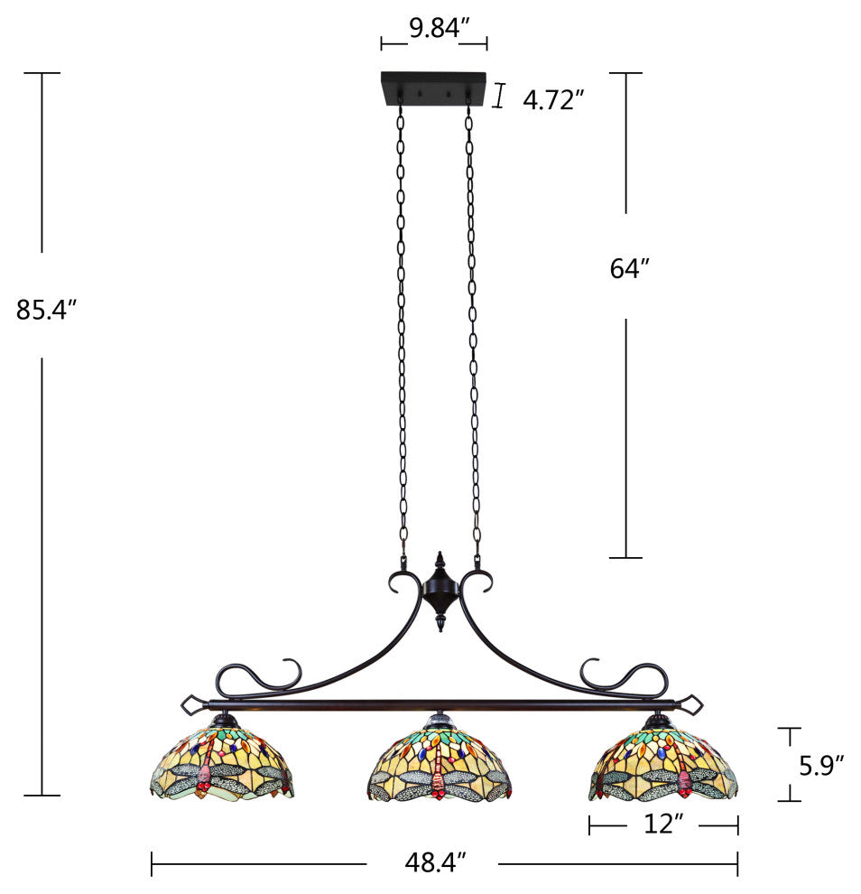 Empress Dragonfly Tiffany-Style Dark Bronze 3 Light Island Pendant 48" Wide