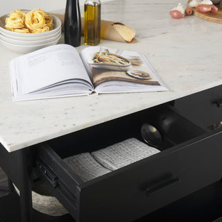 Amika White Marble Top Black Metal Base Kitchen Island