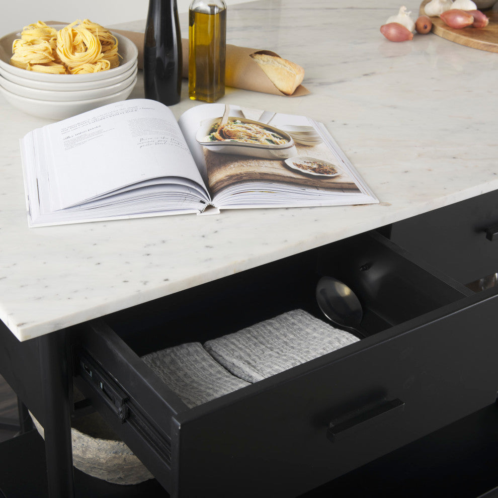 Amika White Marble Top Black Metal Base Kitchen Island
