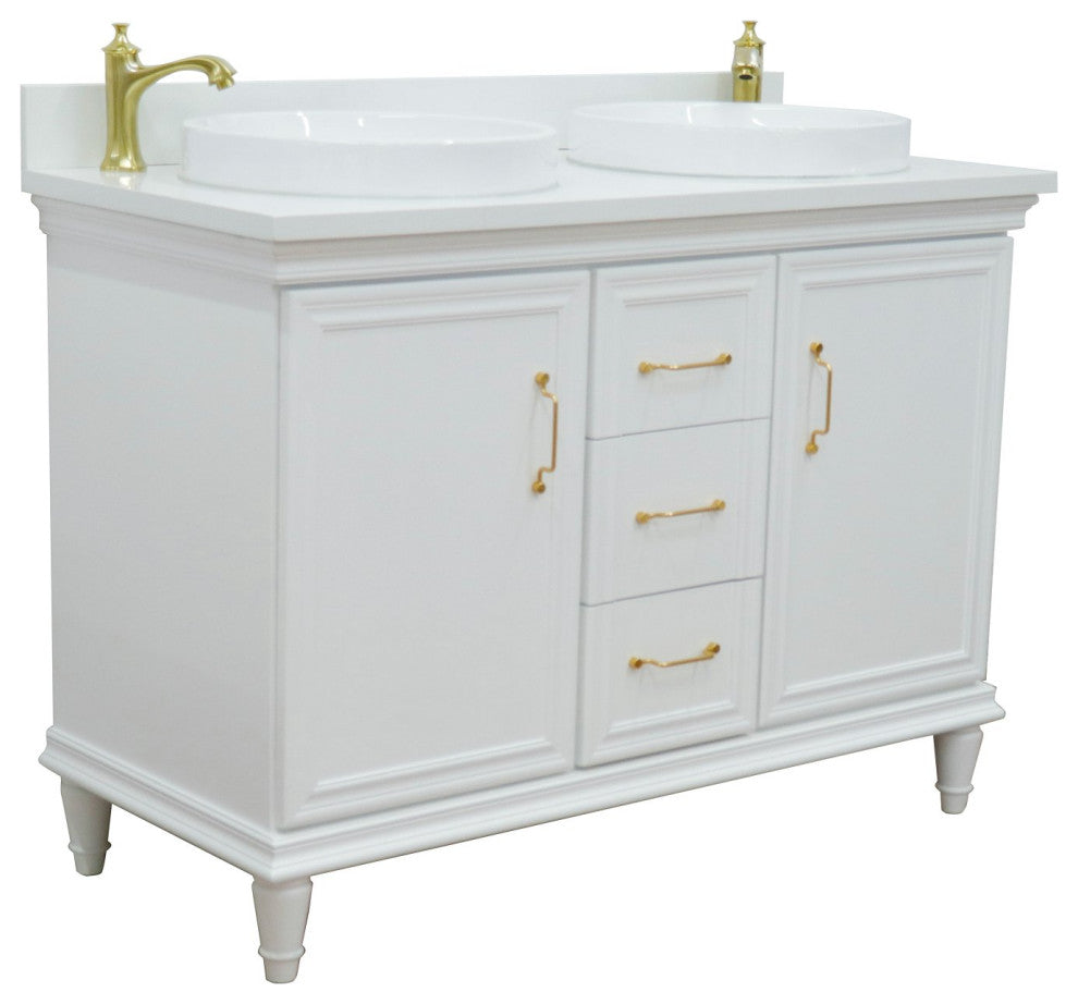 49" Double Vanity In White Finish With White Engineered Stone Top And Round Sink
