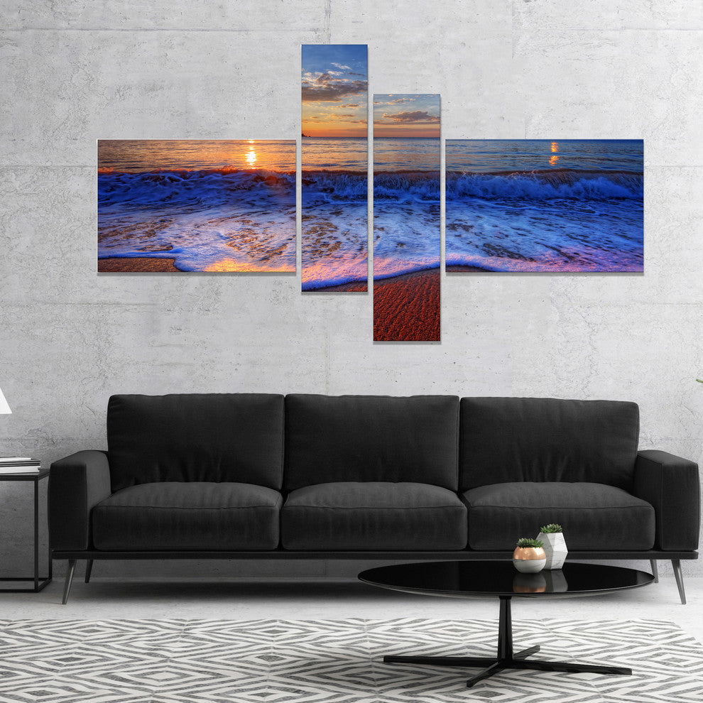 Blue Waves on Sandy Beach, Seashore Canvas Art Print, 60"x32", 4 panels