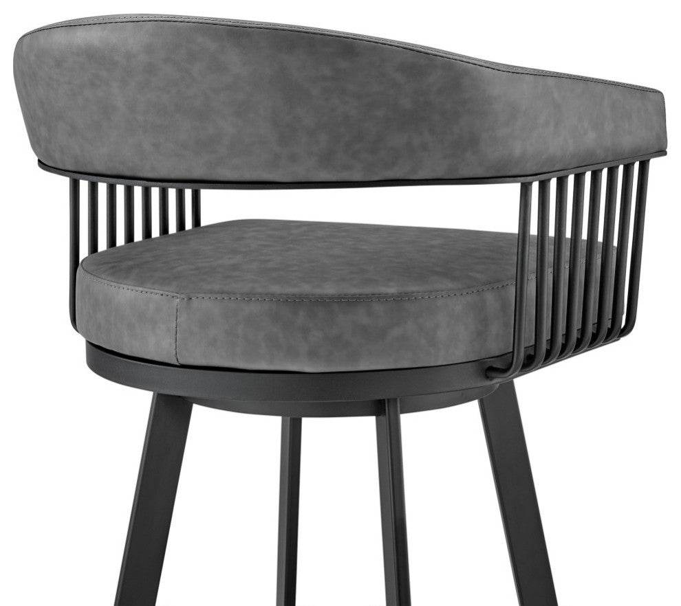 Chelsea 30" Bar Height Swivel Bar Stool, Black Finish and Gray Faux Leather