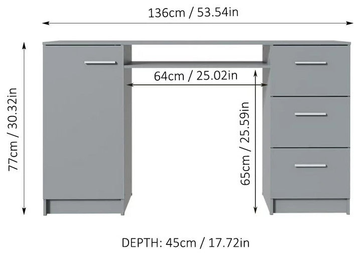 Modern Desk, Rectangular Table Top With Storage Drawers & Metal Handles, Gray