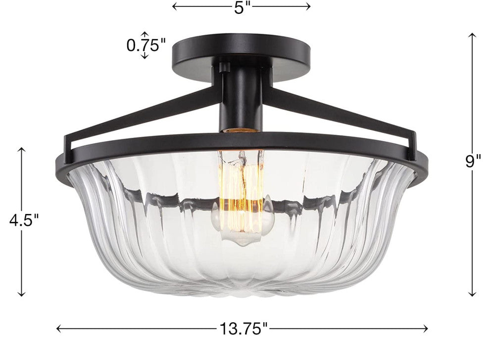 Modern Farmhouse Semi Flush Mount Ceiling Lamp, Black, Glass