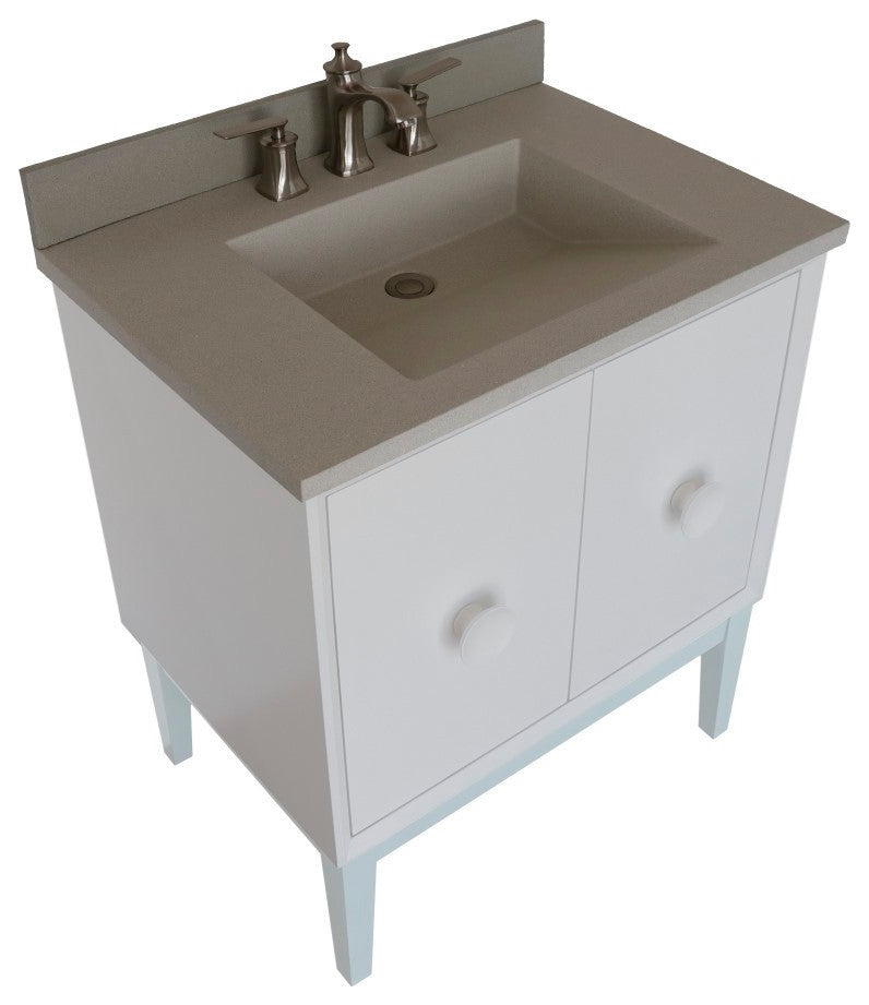 31" Single Vanity, White Finish With White Concrete Top And Rectangle Sink