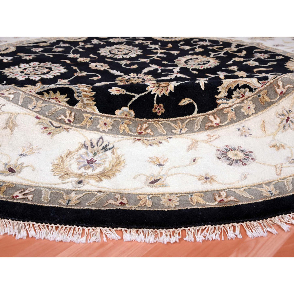 Black, Rajasthan, Wool and Silk, Hand Knotted, Round Rug, 10'0" x 10'2"