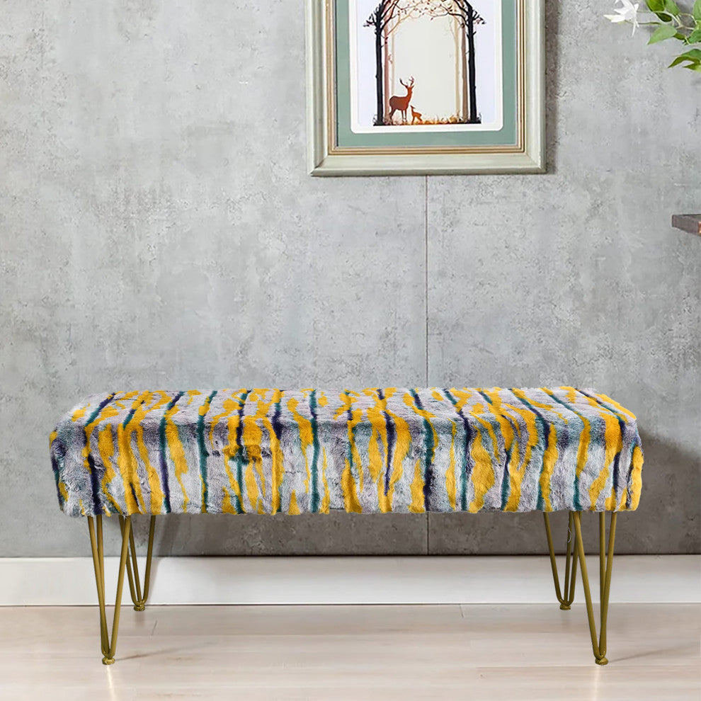 Multi Jacquard Faux Fur Ottoman, Teal, 46"x16"x7"