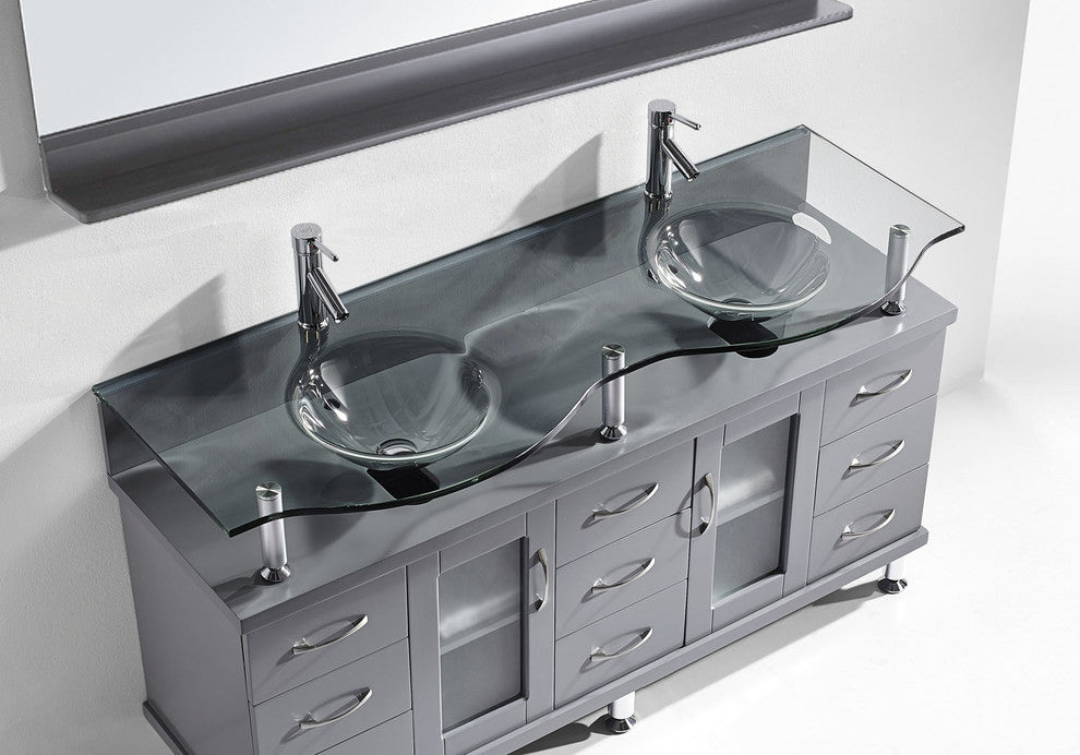59" Double Bathroom Vanity, Gray, Clear Tempered Glass, Polished Chrome