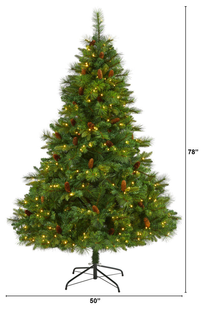 6.5' West Virginia Full Bodied Mixed Pine Faux Xmas Tree W/ Lights & Pinecones