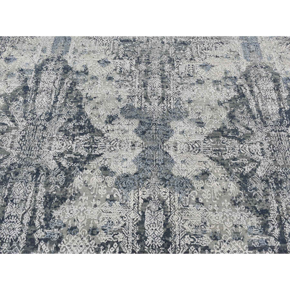 Ash Gray Jewellery Design Half Wool and Half Silk Hand Knotted Rug 7'10"x10'