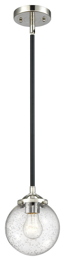 1-Light Beacon 6" Mini Pendant, Black Polished Nickel, Glass: Seedy