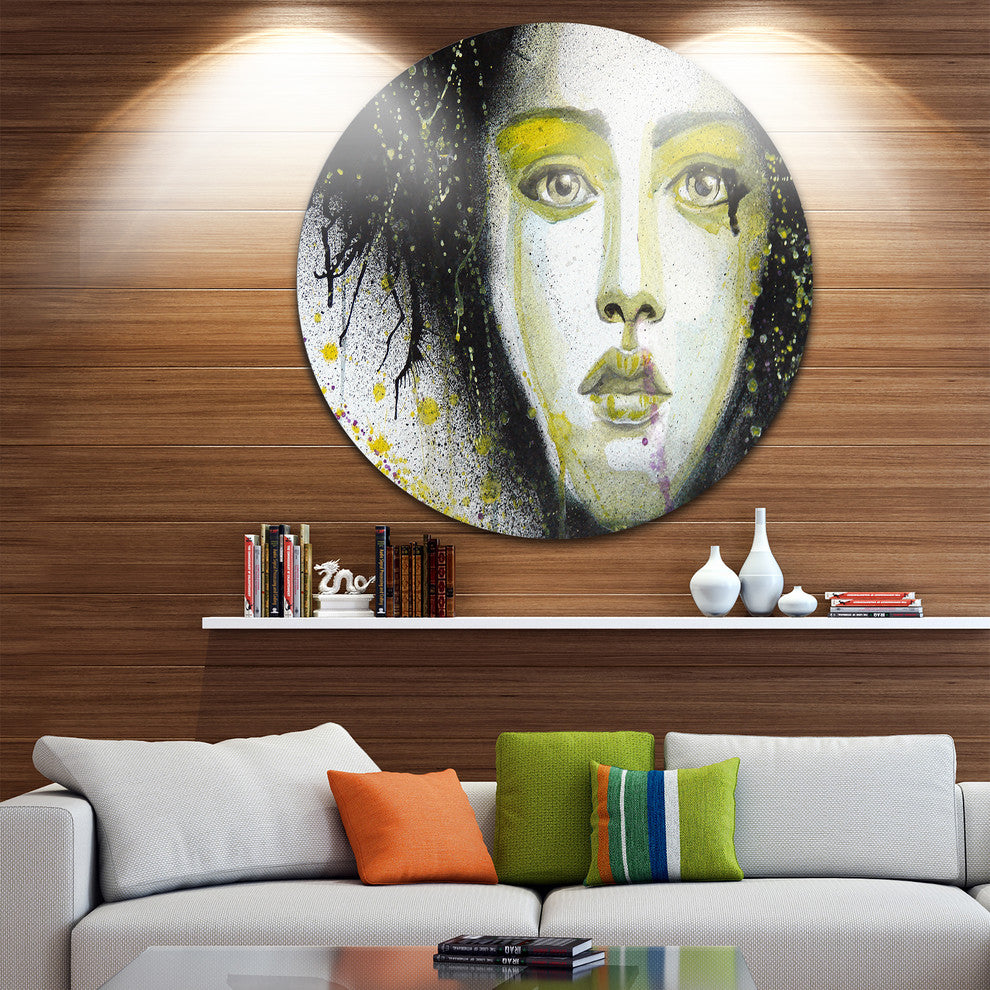 Girl With Yellow Eye Line, Portrait Digital Art Round Wall Art, 11"