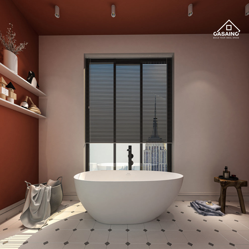 71in White Solid Surface Oval Freestanding Soaking Bathtub with Drain, 59in