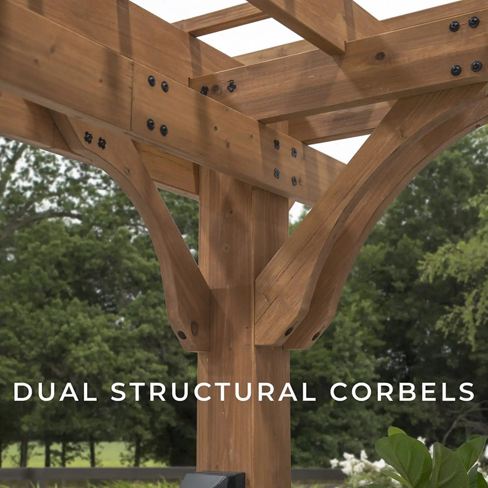 Weather Resistant Pergola with Electrical and USB Ports and Stained Cedar Frame, 16ft X 12ft