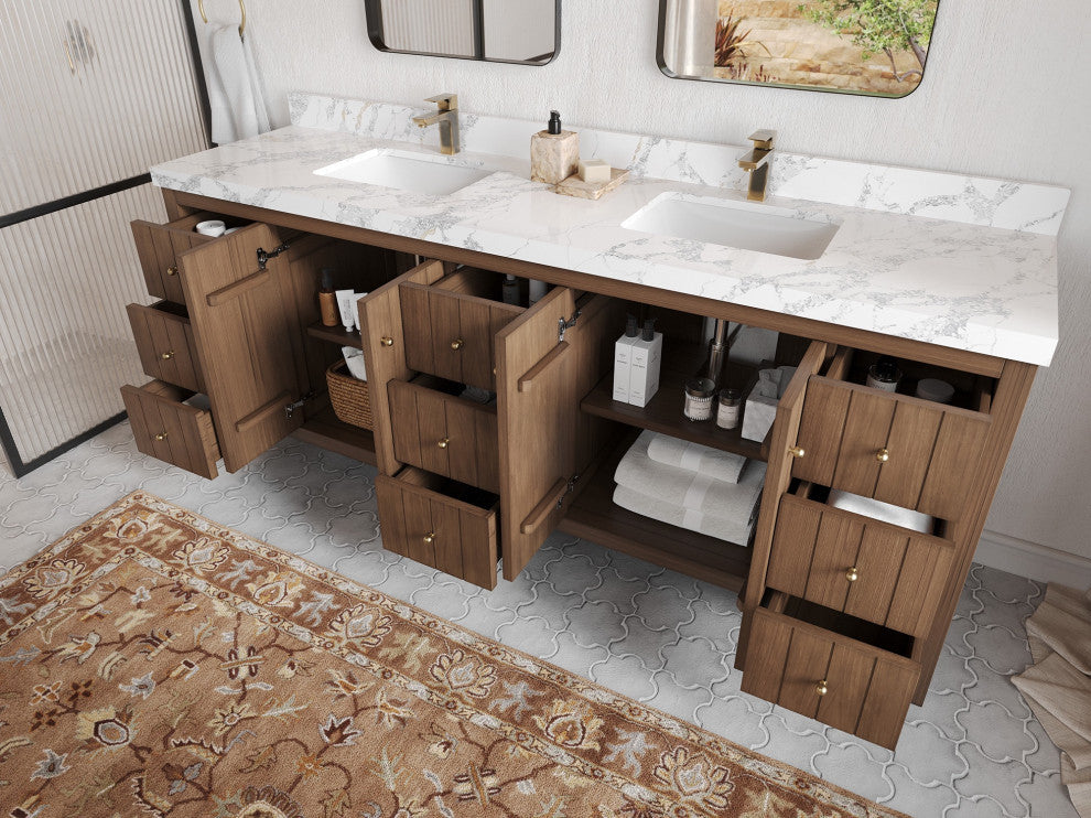 Atlanta Teak 84" Double Sink Bath Vanity, Dark Natural 2" Viola Brown