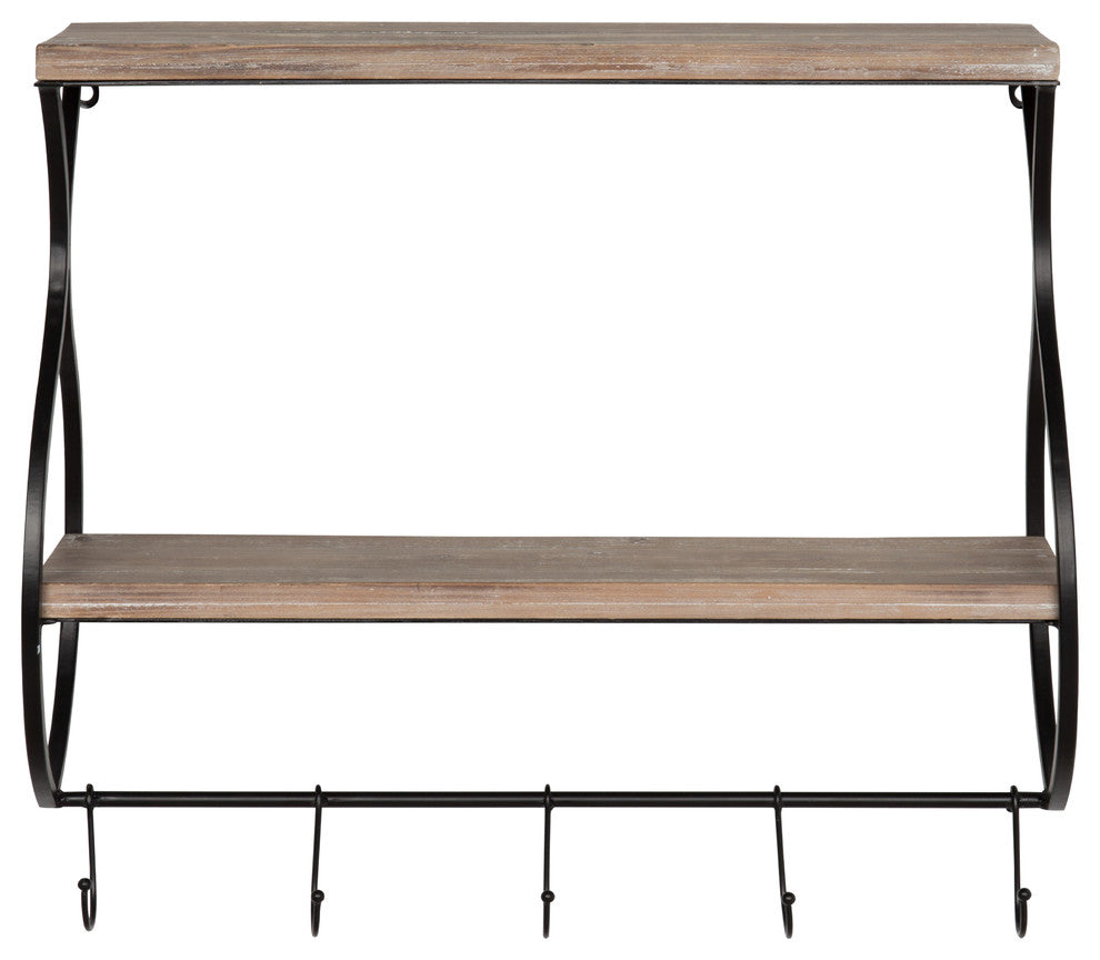 Spurling Wood and Metal Floating Wall Shelf With Hooks