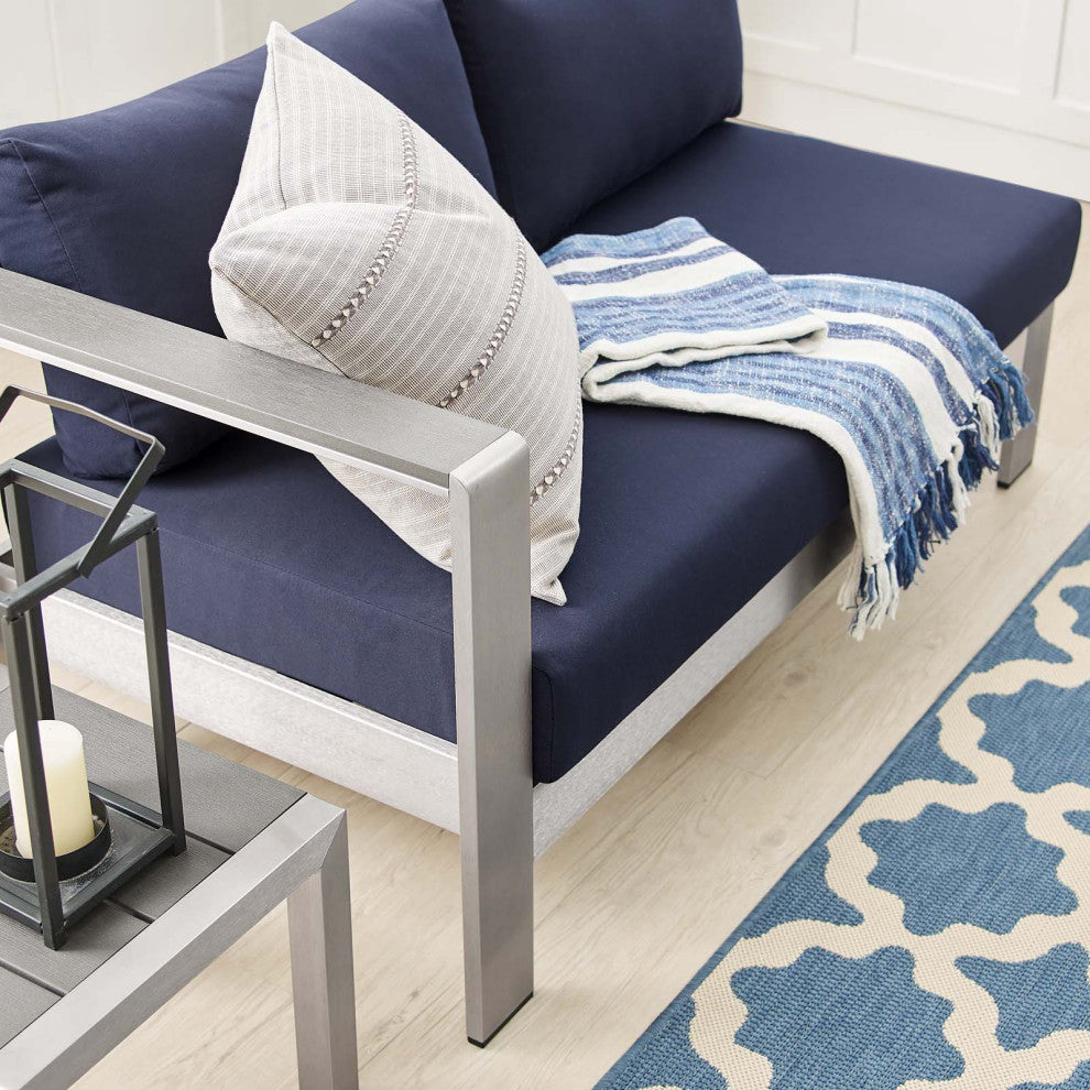 Lounge Loveseat Sofa, Sunbrella, Fabric, Aluminum, Silver Blue Navy, Outdoor