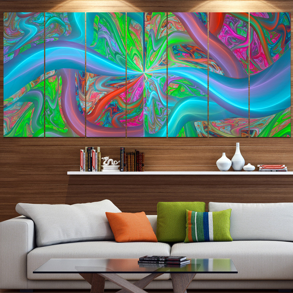 Blue Green Fractal Curves, Abstract Canvas Art Print, 83"x32", 7 Panels