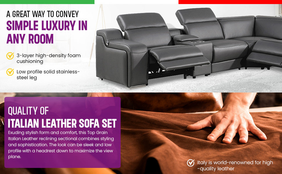Marco-6-Piece, 3-Power Reclining Italian Leather Sectional, Light Gray