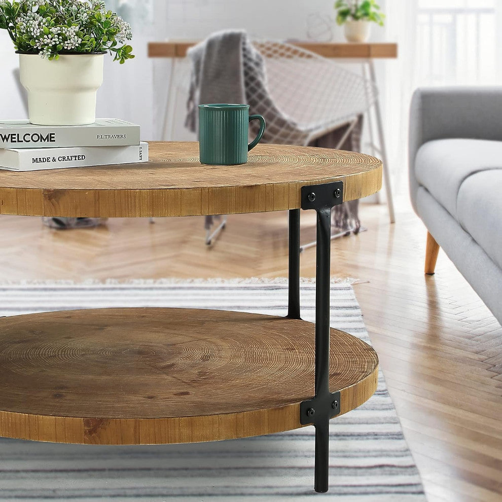 Farmhouse Round Coffee Table With Natural Wood Top and Metal Legs