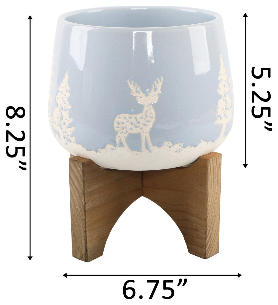 6.75 Inch Ceramic Xmas Planter On Wood Stand, Light Blue