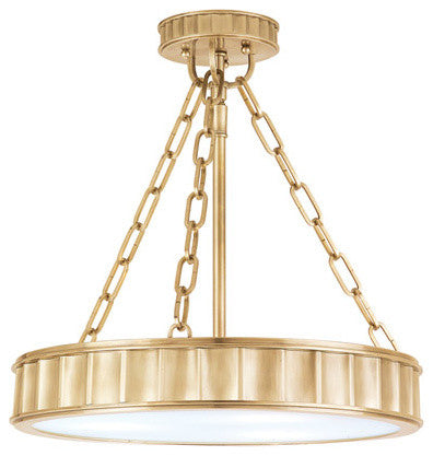 Middlebury, Three Light Round Semi Flush, Aged Brass Finish, Glass Shade