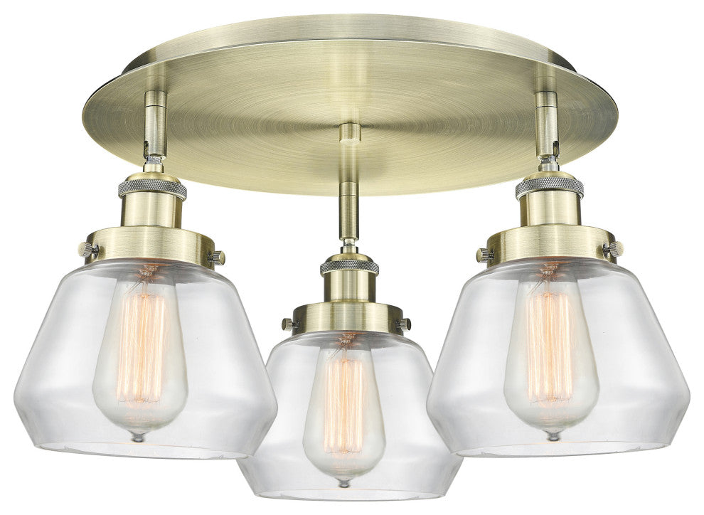 Fulton-3 Light 18" Flush Mount-Antique Brass, Clear Glass Shade
