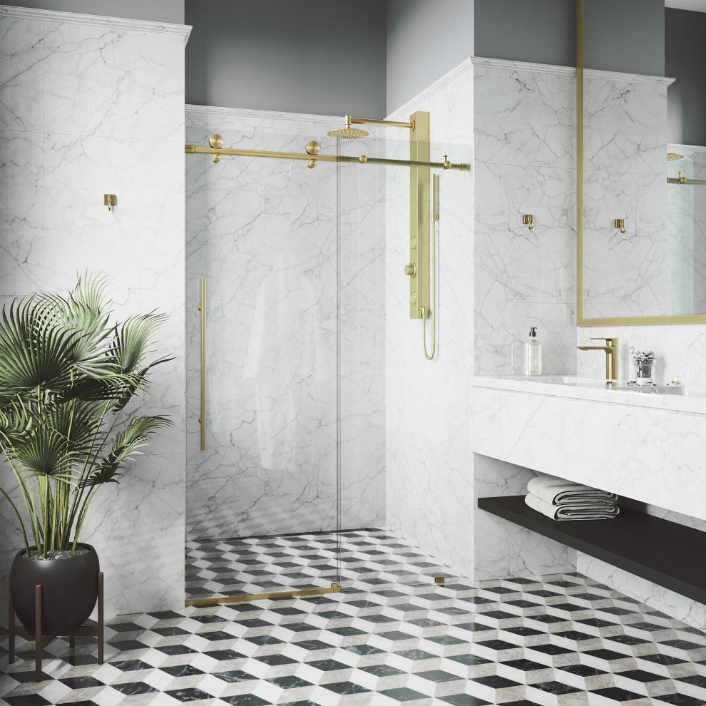 VIGO Elan E-Class 56" to 60" W x 76" H Frameless Sliding Shower Door, Matte Gold, Clear Glass