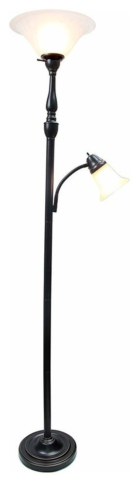 2-Light Mother Daughter Floor Lamp With White Marble Glass, Restoration Bronze