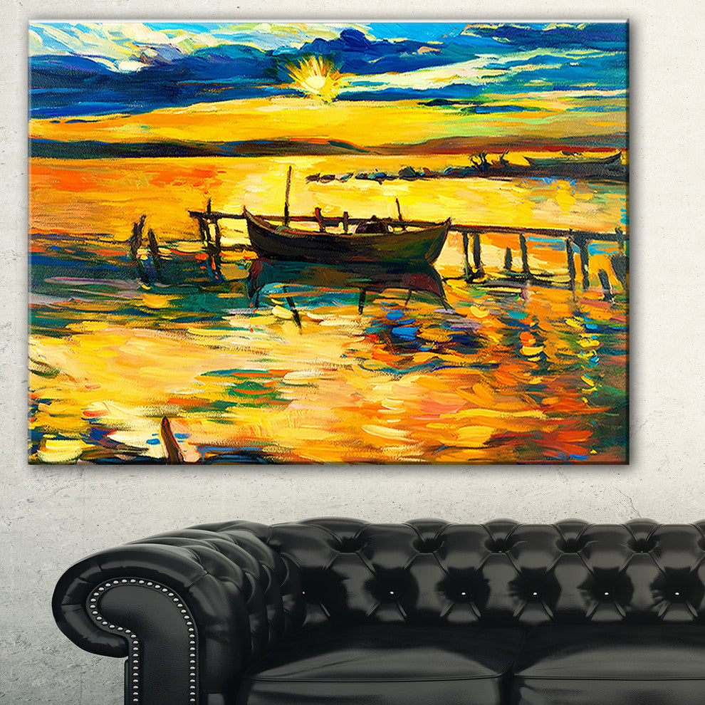 "Boat and Pier in Yellow Shade" Canvas Print