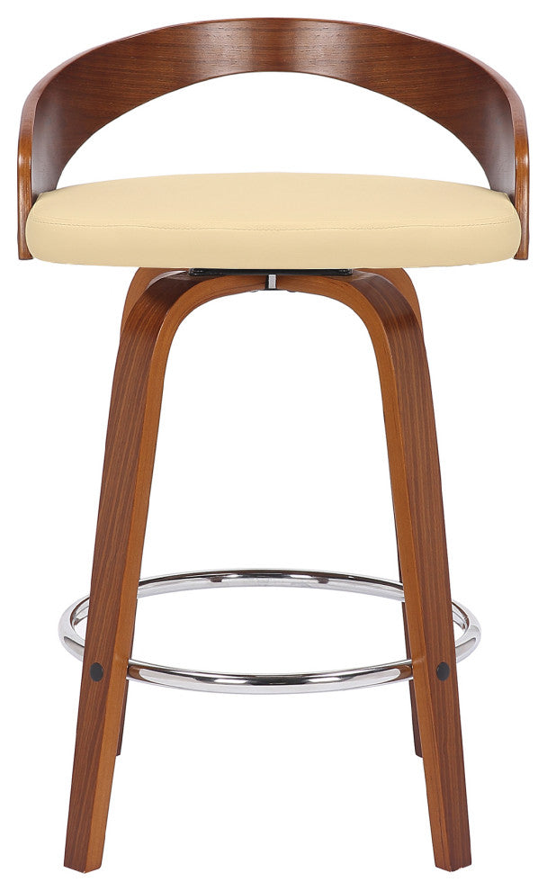 Sonia Swivel Faux Leather and Wood Stool, Cream/Walnut, Counter Height 26"