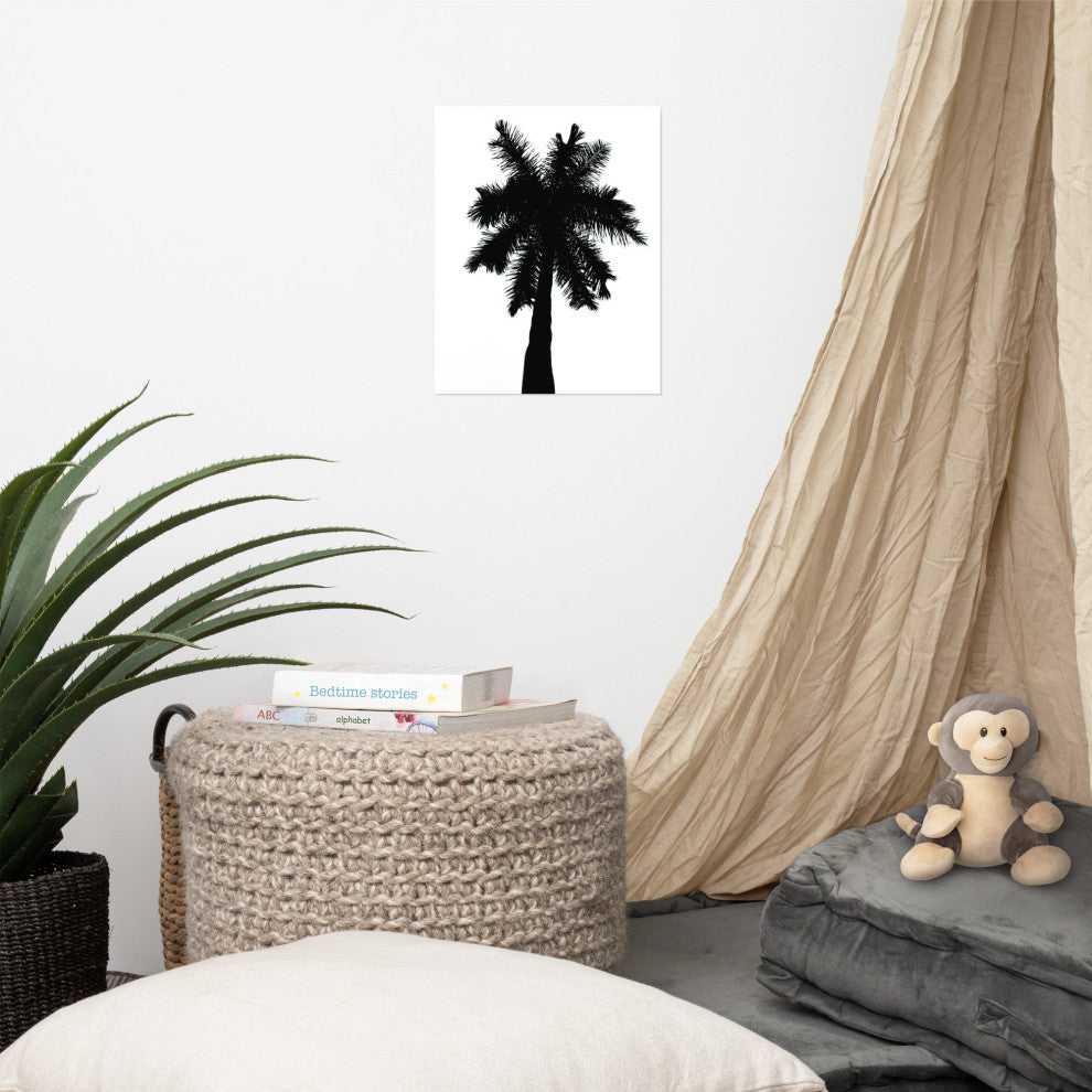 Palm Tree Silhouette on Pure White Tropical Botanical Unframed Wall Art Print, 11" X 14"