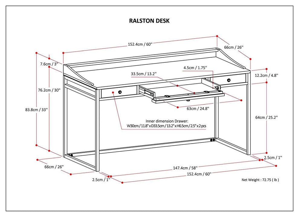 Modern Industrial 60 inch Wide Home Office Desk with 2 Drawers