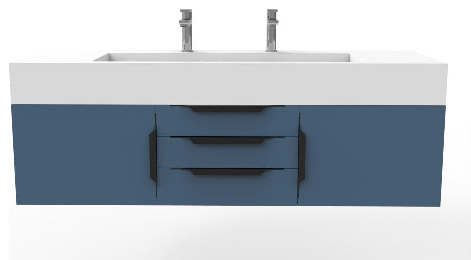 CastelloUSA Nile 60" Wall Mounted Vanity Set, Blue, White Top, Black Handles