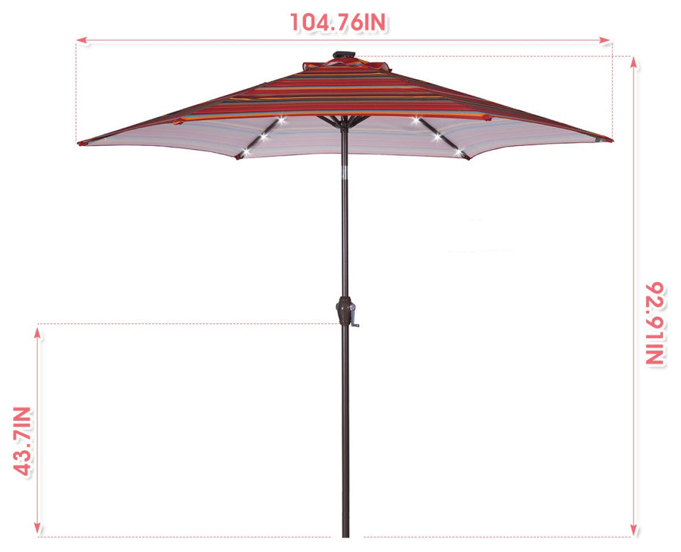 9' Outdoor Patio Steel Market Umbrella With 24 LED Lights, Red Striped