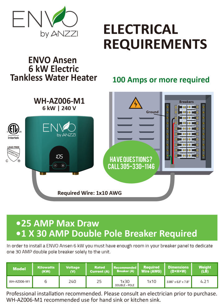 ENVO Ansen Tankless Electric Water Heater - 2 Pack, 6kw
