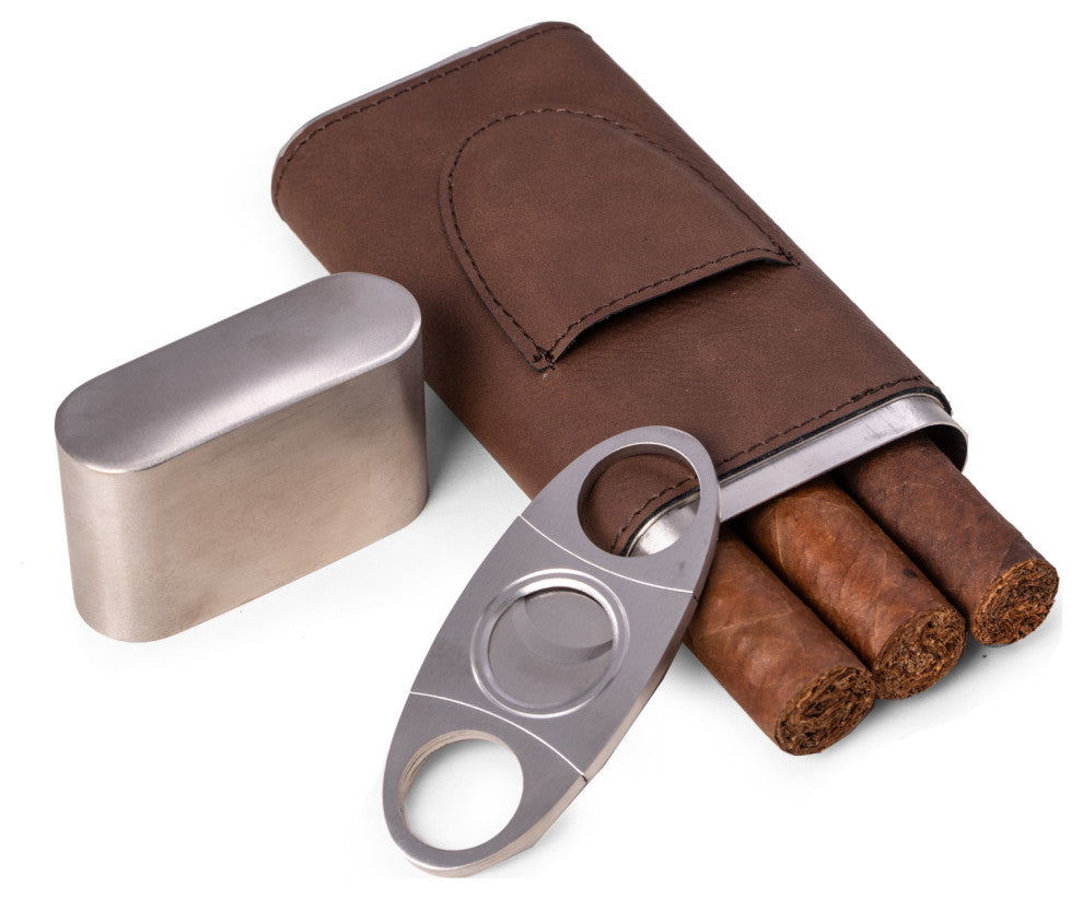 Brown Leather 3 Cigar Case, Cigar Cutter
