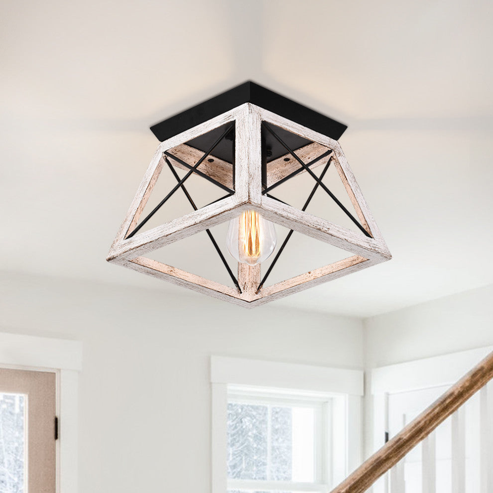 Farmhouse Rustic 1-Light Geometric Flush Mount, White