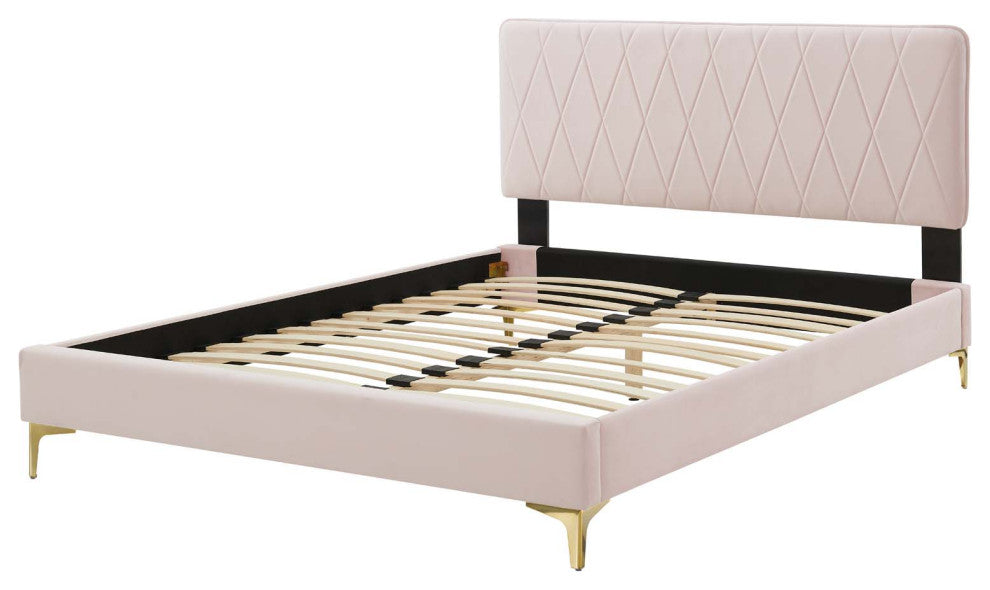 Platform Bed Frame, King Size, Velvet, Pink, Modern Contemporary, Bedroom Master