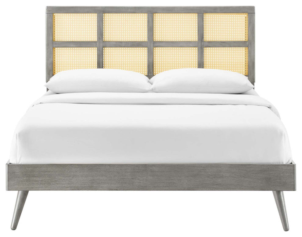Platform Bed Frame, Full Size, Wood, Gray, Modern Mid-Century, Bedroom