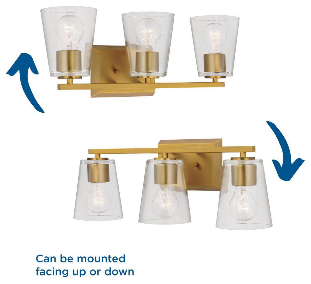 Vertex Collection Three-Light Brushed Gold Clear Glass Contemporary Bath Light