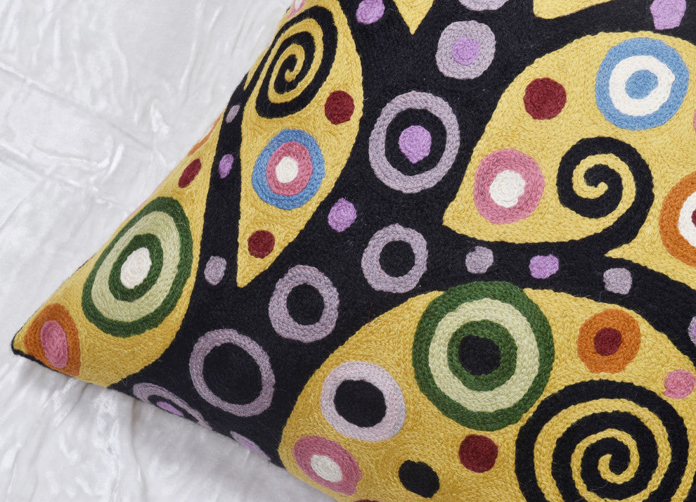 Klimt Yellow Pillow Cover Chair Soulful Tree of Life Hand Embroidered Wool 18x18