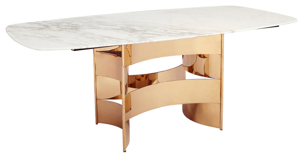 87" White Marble Dining Table, Hollywood Regency Glam Luxe Copper Rosegold Table