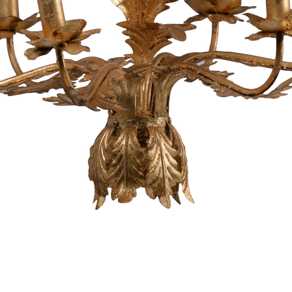 Benzara BM285222 26" 6 Light Chandelier Cascading Leaves Vintage, Gold