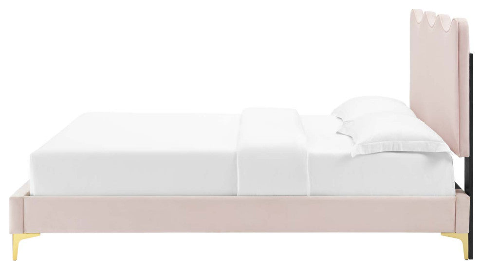 Platform Bed Frame, King Size, Pink, Velvet, Modern, Bedroom Master Guest Suite