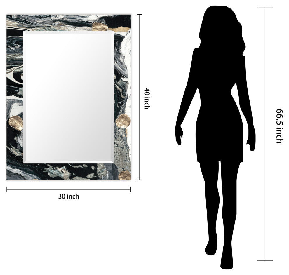 "Ebony and Ivory" Beveled Mirror on Printed Abstarct Tempered Art Glass, 40x30"