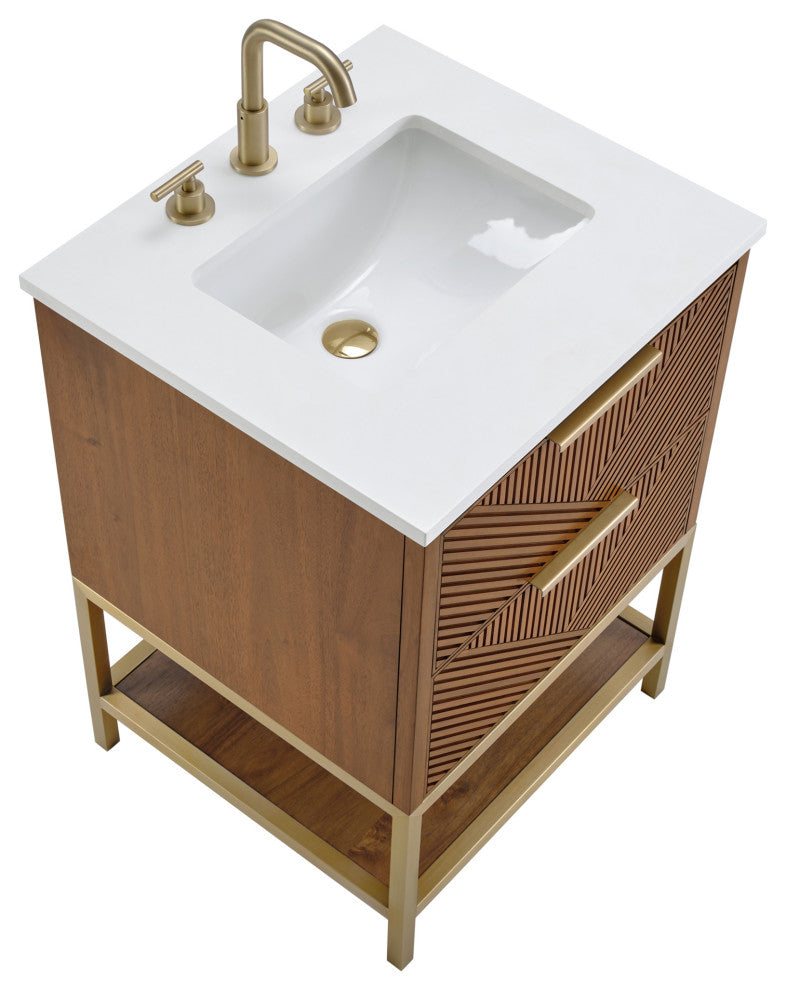 Diamond 24" Bath Vanity, Walnut/Satin Brass, 24", White Quartz Top