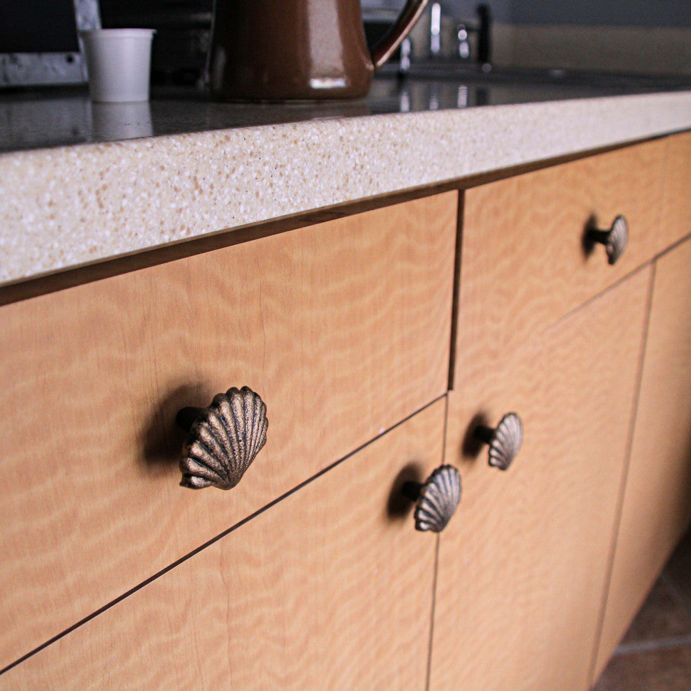 Set of 6 Gold Cast Iron Scallop Sea Shell Drawer Pulls Nautical Cabinet Knobs