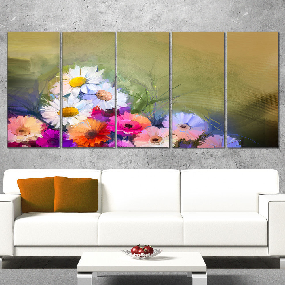 White Sunflower and Gerbera Flowers, Floral Canvas Art Print, 60"x28", 5 Panels