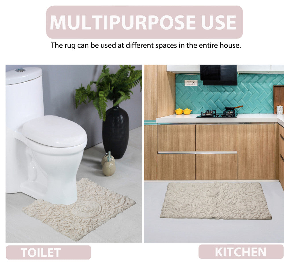 Bell Flower Collection Cotton Bath Rug, 21"x34", Ivory